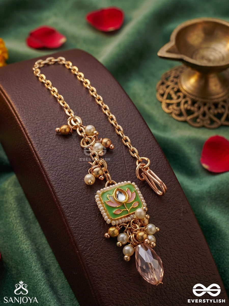 Mrinalika - Lotus Petal - Graceful Enamelled Handcrafted Kundan Maangtika With Soft Pastel Gemstones
