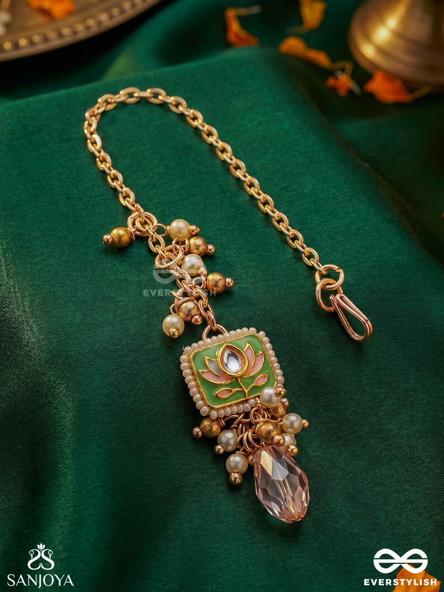 Mrinalika - Lotus Petal - Graceful Enamelled Handcrafted Kundan Maangtika With Soft Pastel Gemstones