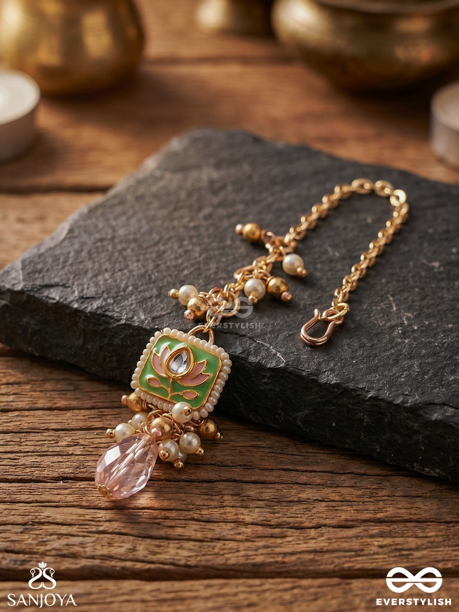 Mrinalika - Lotus Petal - Graceful Enamelled Handcrafted Kundan Maangtika With Soft Pastel Gemstones