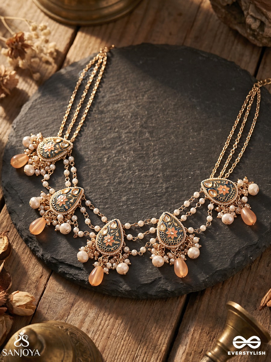 Sandhyapriya - Lover Of Dusk - Exquisite Golden Enamelled Kundan Necklace With Lustrous Orange Gem Drops