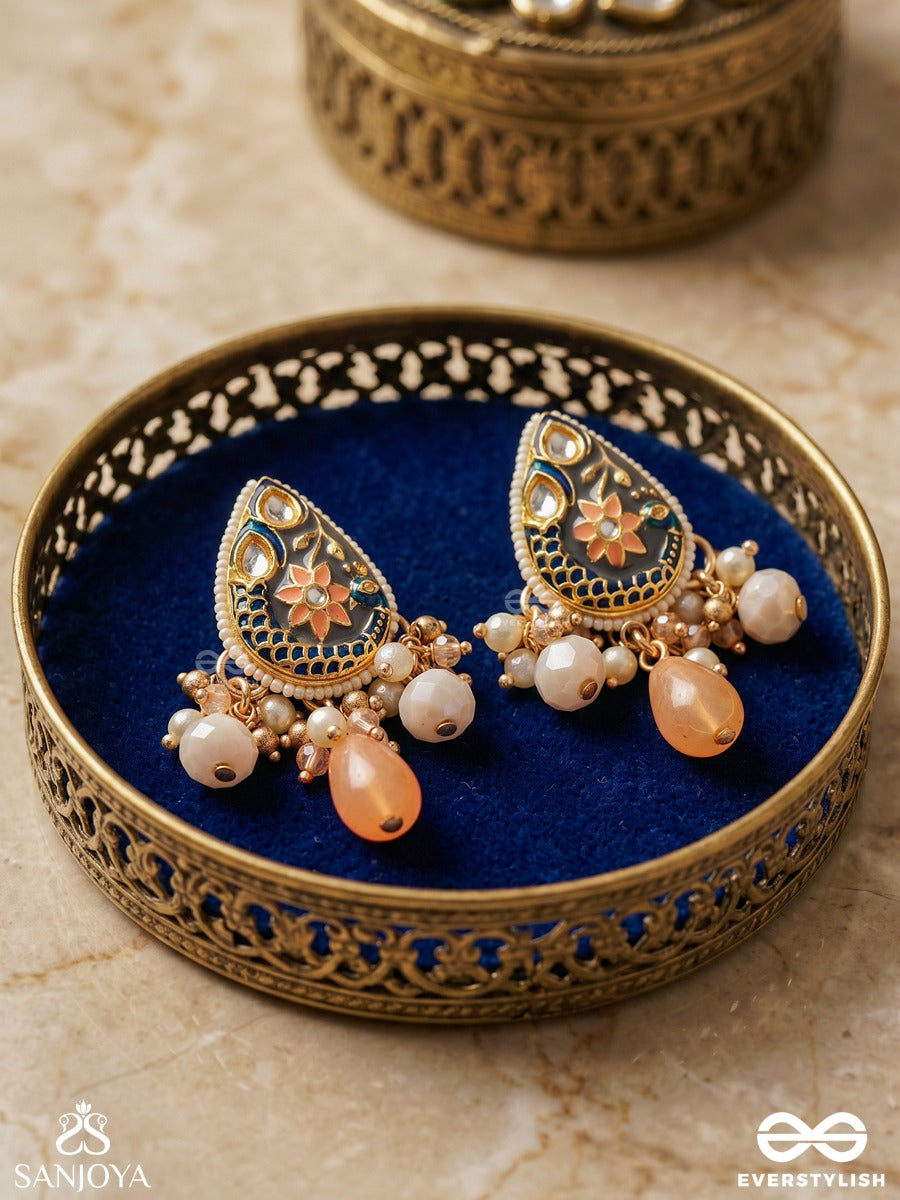Sandhyapriya - Lover Of Dusk - Exquisite Golden Enamelled Kundan Earrings With Lustrous Orange Gem Drops