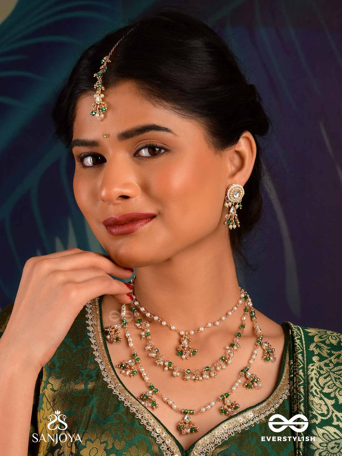 Varshalekha - Rainfall Strokes - Royal Heritage Multi-Strand Kundan Maangtika With Pearl Strings And Polki Drops