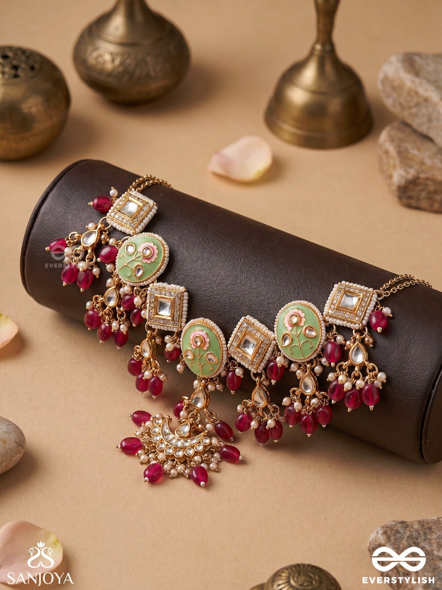 Pushpalekha - Strokes Of Flowers - Intricate Floral Enamelled Kundan Necklace With Ruby Beads