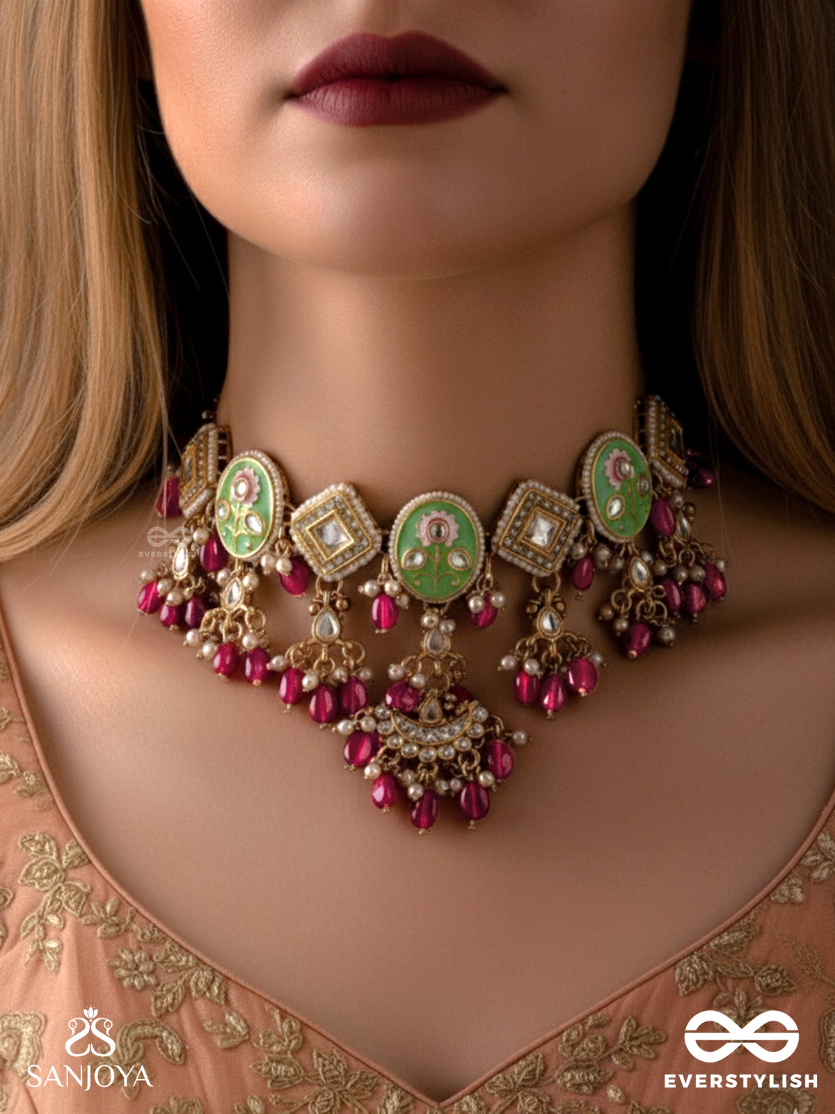 Pushpalekha - Strokes Of Flowers - Intricate Floral Enamelled Kundan Necklace With Ruby Beads