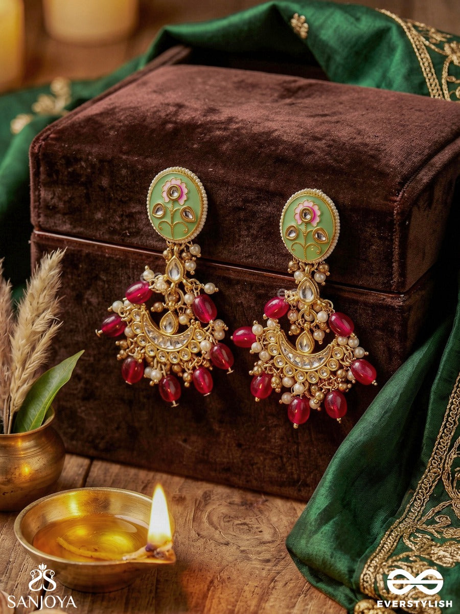 Pushpalekha - Strokes Of Flowers - Intricate Floral Enamelled Kundan Earrings With Ruby Beads