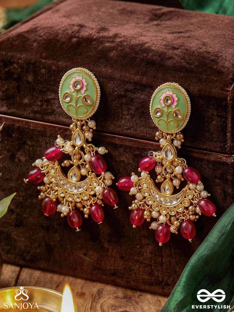 Pushpalekha - Strokes Of Flowers - Intricate Floral Enamelled Kundan Earrings With Ruby Beads