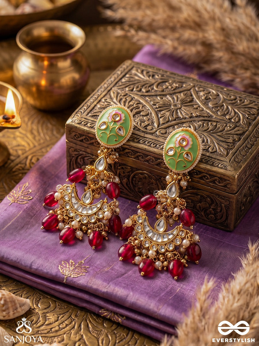 Pushpalekha - Strokes Of Flowers - Intricate Floral Enamelled Kundan Earrings With Ruby Beads