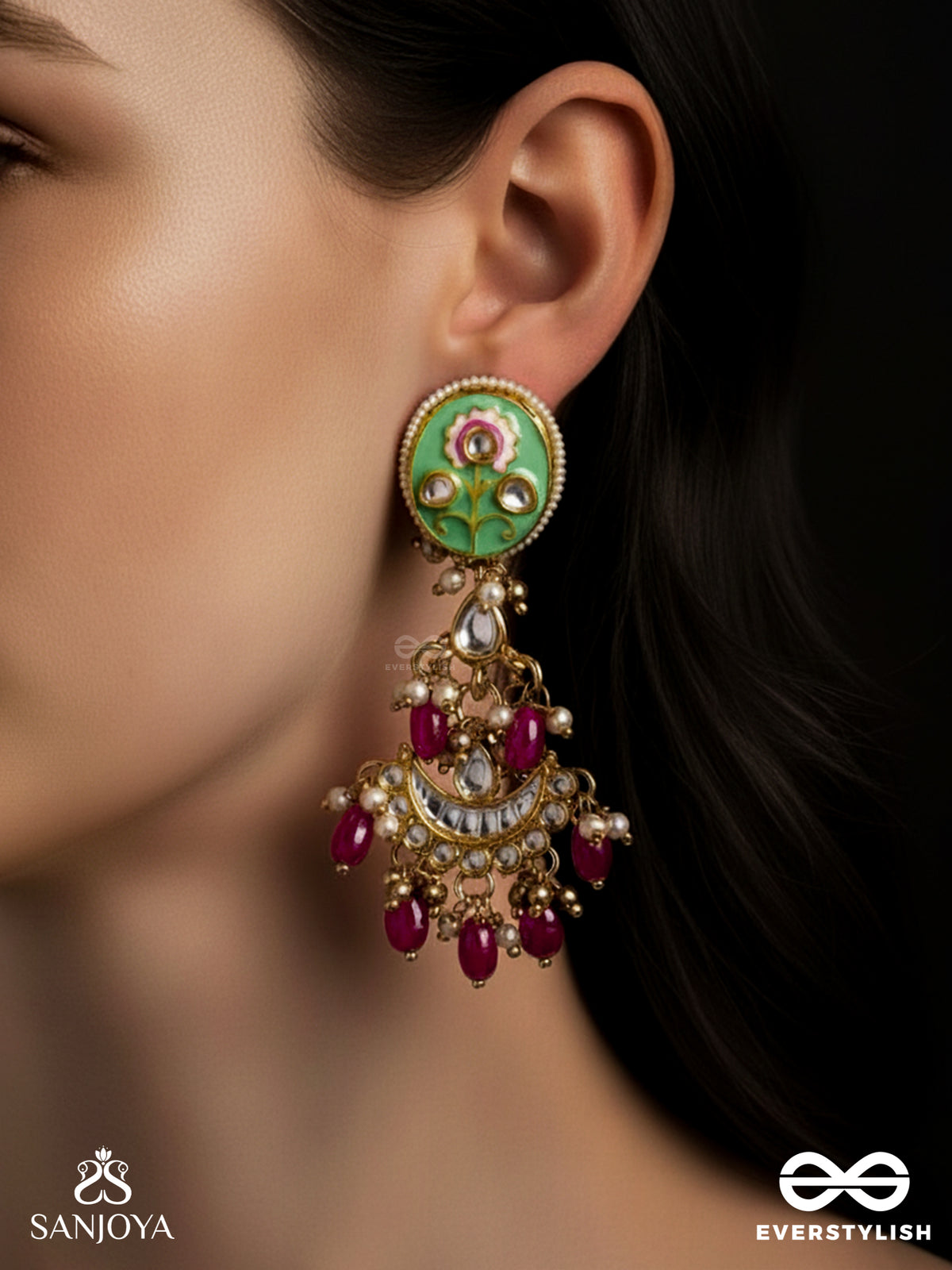 Pushpalekha - Strokes Of Flowers - Intricate Floral Enamelled Kundan Earrings With Ruby Beads