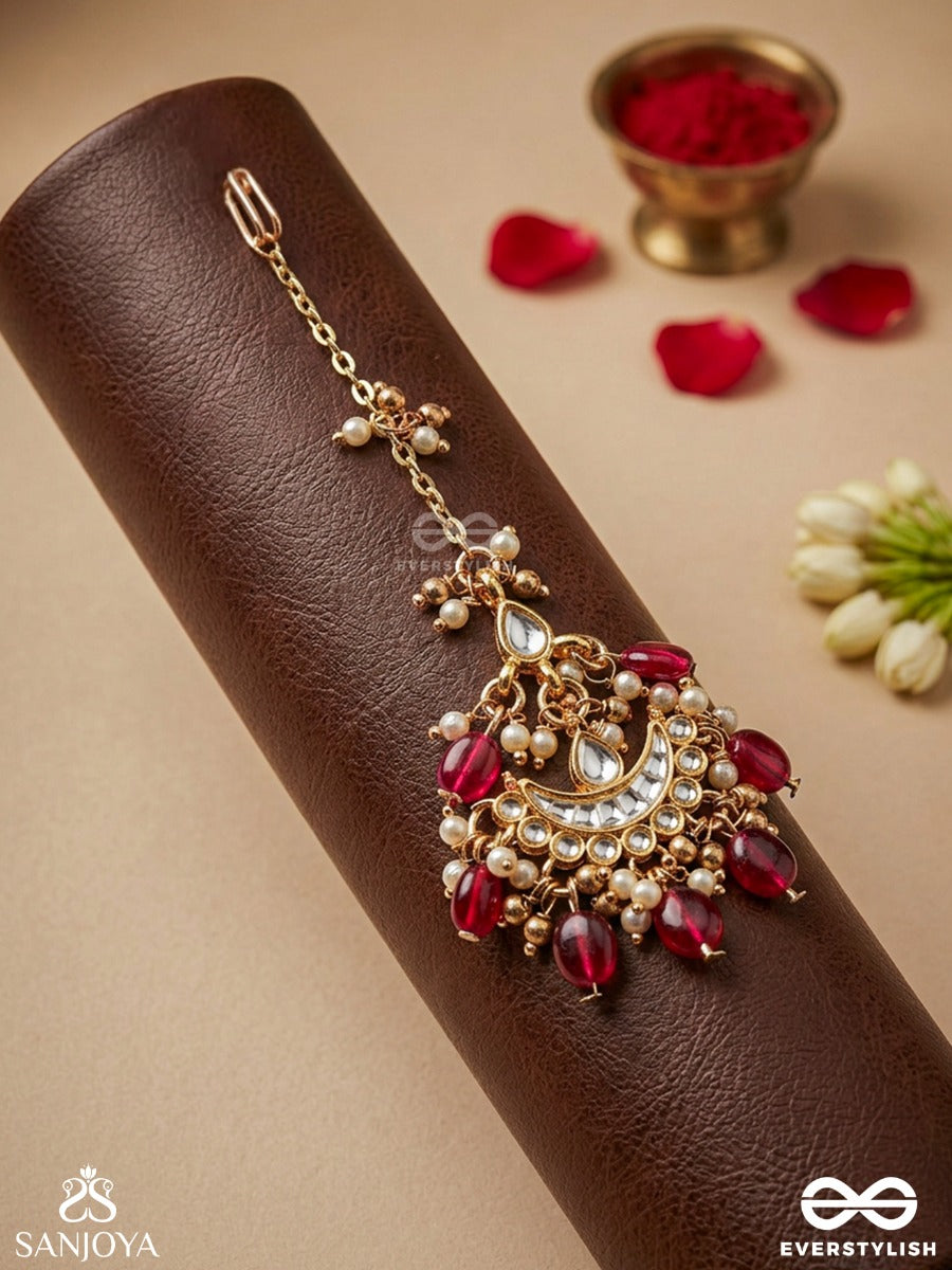 Pushpalekha - Strokes Of Flowers - Intricate Floral Enamelled Kundan Maangtika With Ruby Beads