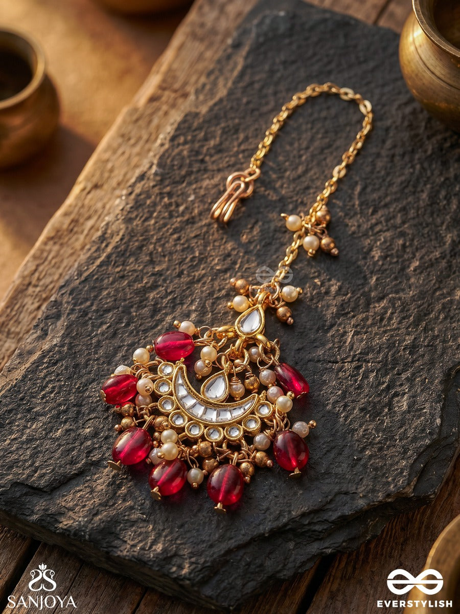 Pushpalekha - Strokes Of Flowers - Intricate Floral Enamelled Kundan Maangtika With Ruby Beads