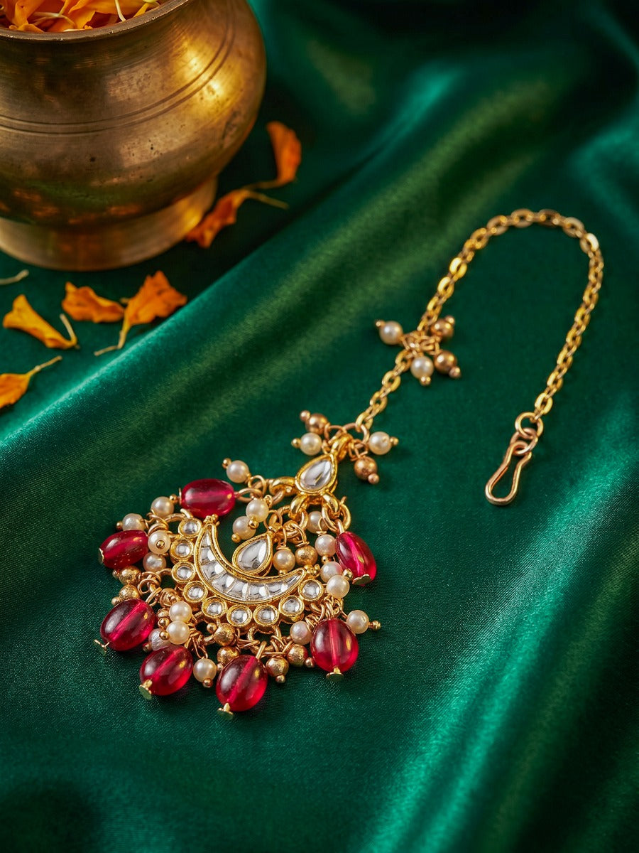Pushpalekha - Strokes Of Flowers - Intricate Floral Enamelled Kundan Maangtika With Ruby Beads