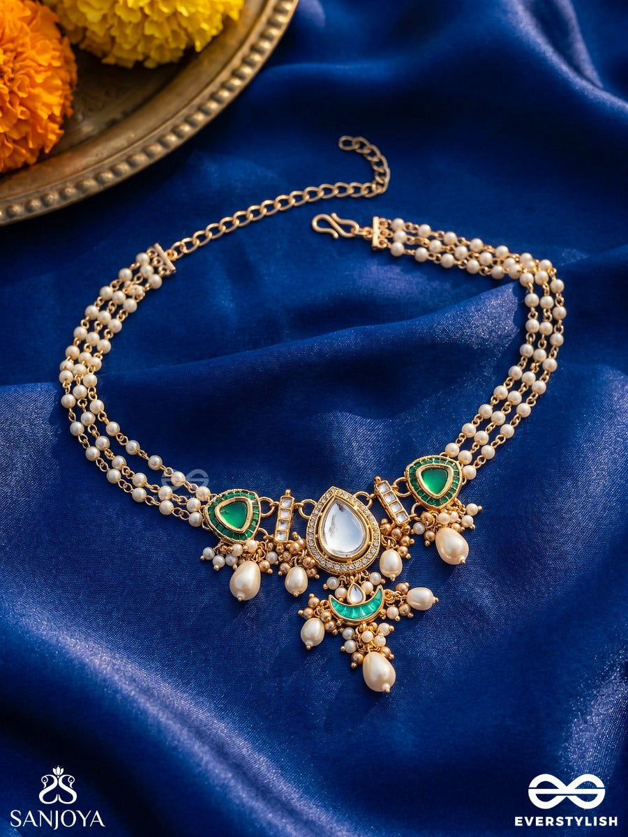 Ratnodya - Rising Gem - Dazzling Kundan Choker With Pearls And Royal Green And Gold Accents