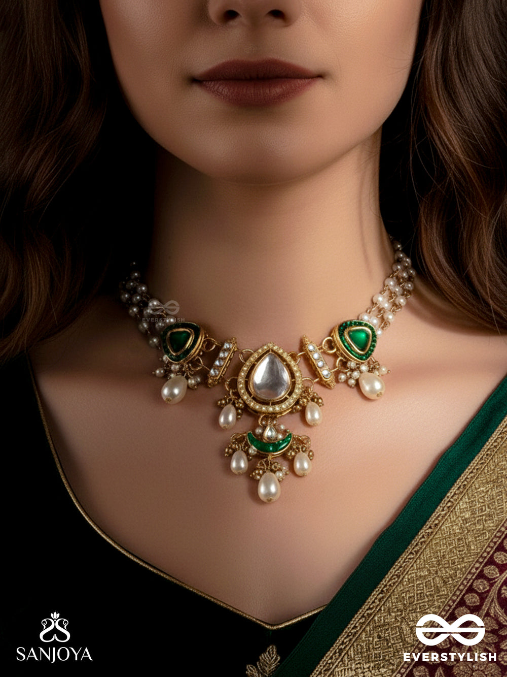 Ratnodya - Rising Gem - Dazzling Kundan Choker With Pearls And Royal Green And Gold Accents