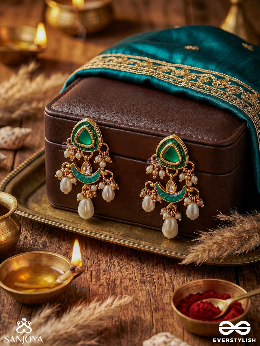 Ratnodya - Rising Gem - Dazzling Kundan Earrings With Pearls And Royal Green And Gold Accents