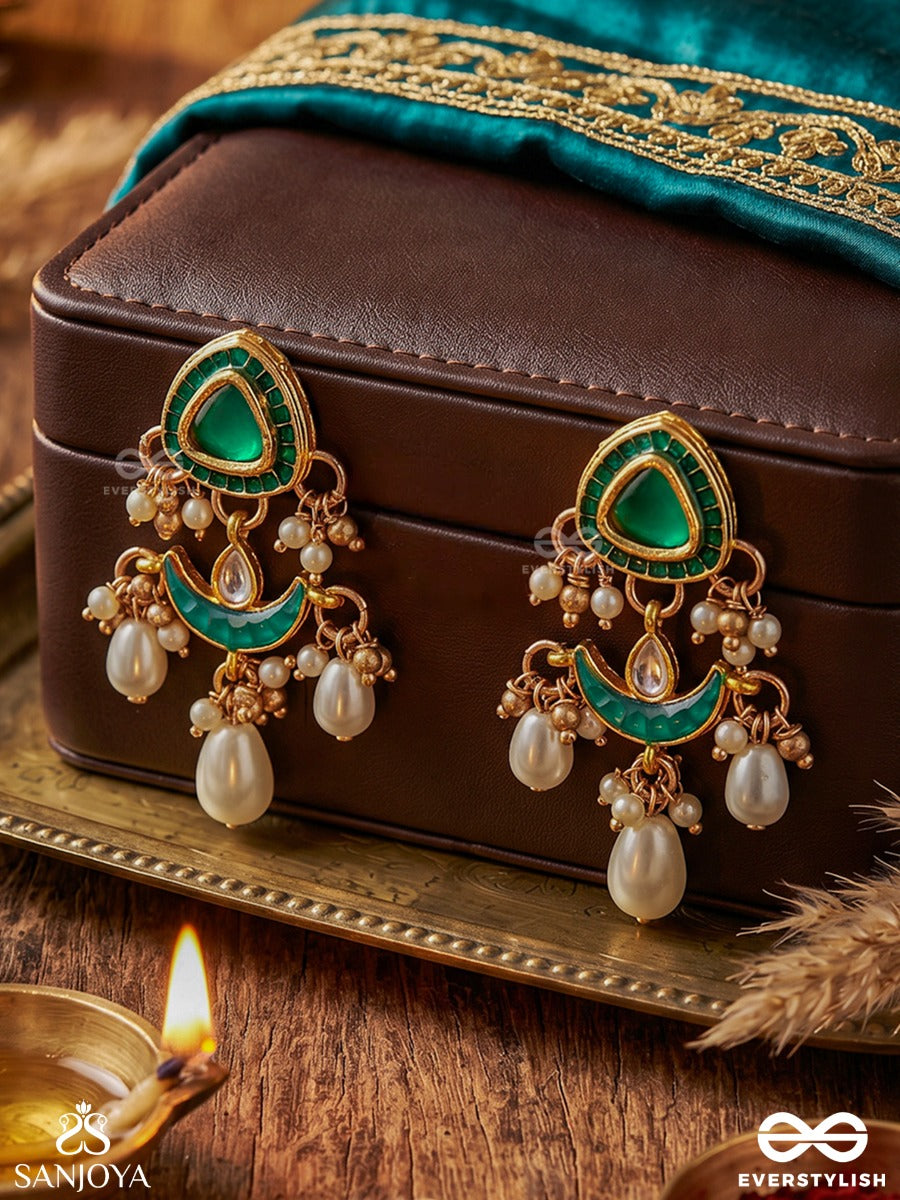 Ratnodya - Rising Gem - Dazzling Kundan Earrings With Pearls And Royal Green And Gold Accents