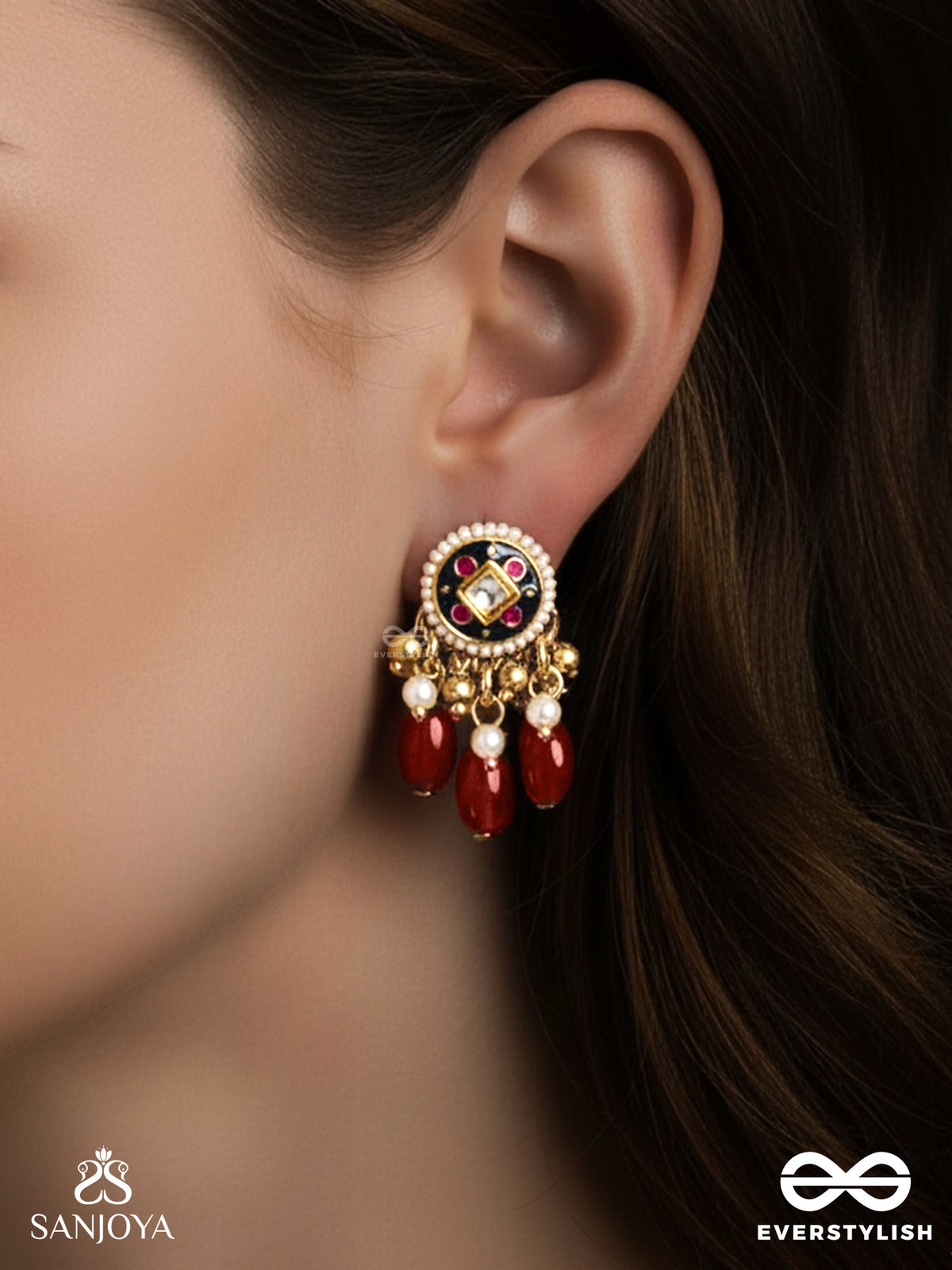 Rudraraga - Melody Of Red - Intricate Kundan Earrings With Ruby Beads And Golden Details