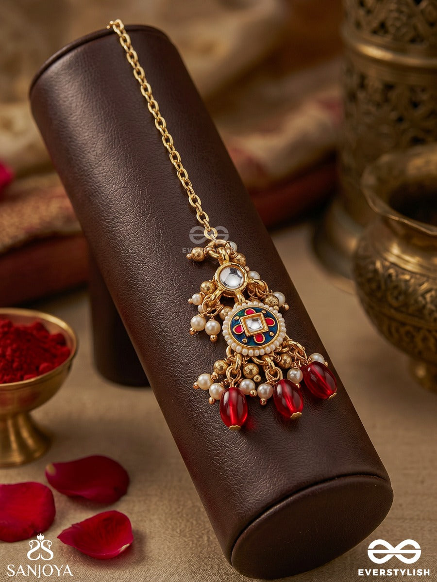 Rudraraga - Melody Of Red - Intricate Kundan Maangtika With Ruby Beads And Golden Details