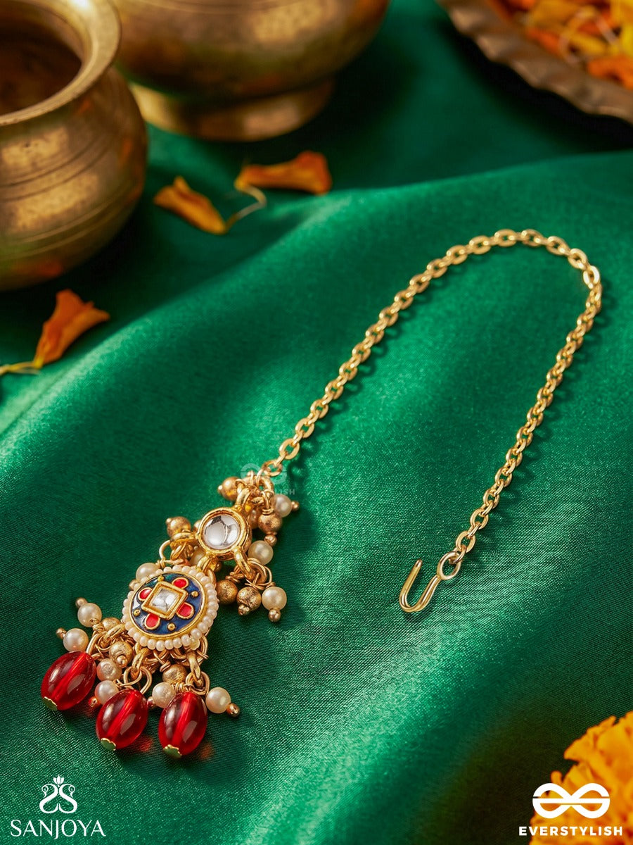 Rudraraga - Melody Of Red - Intricate Kundan Maangtika With Ruby Beads And Golden Details