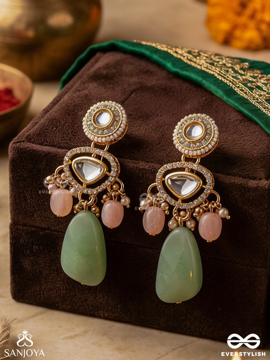 Shitala - Cooling Grace - Classic Green Kundan Polki Earrings With Golden Details And Soft Gem Accents