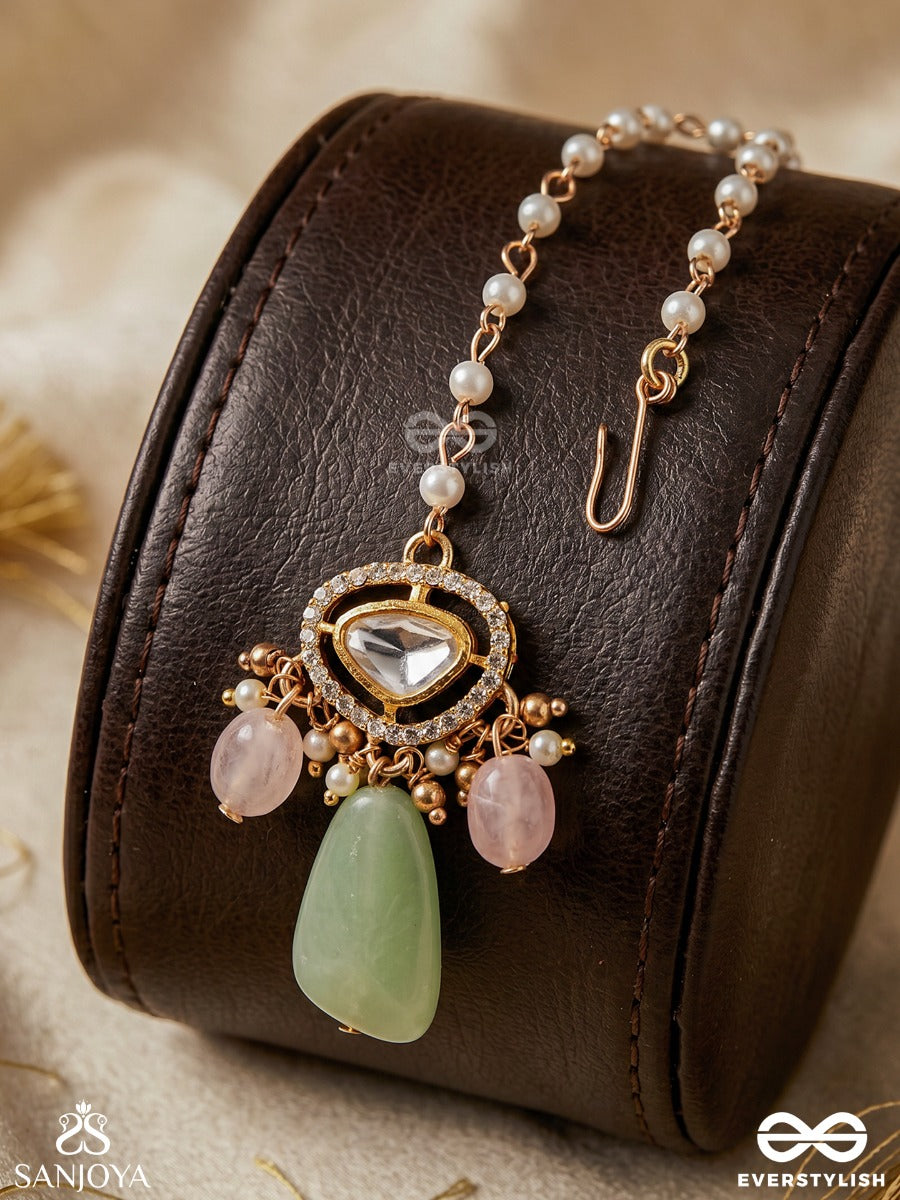 Shitala - Cooling Grace - Classic Green Kundan Polki Maangtika With Golden Details And Soft Gem Accents