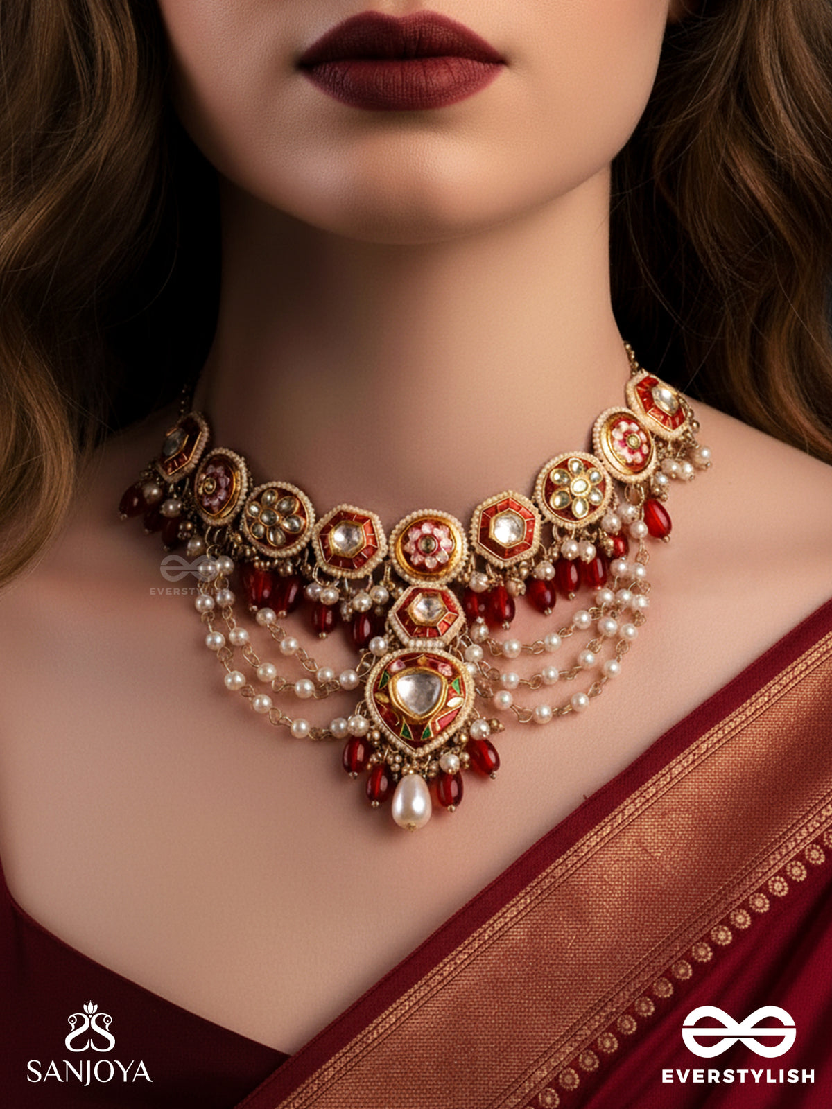 Jwlala - Flame-Like Beauty - Majestic Handcrafted Kundan Necklace With Ornate Red And Golden Details