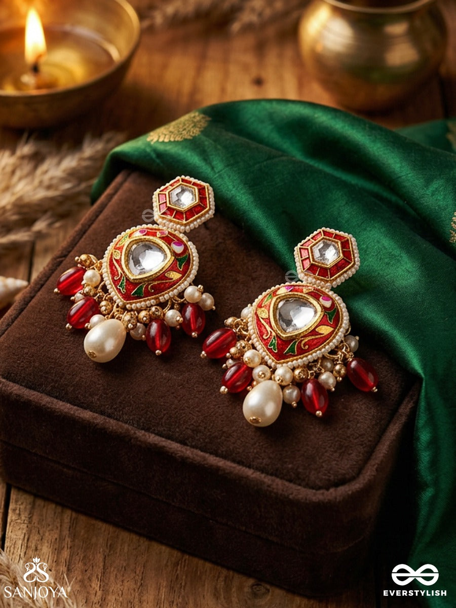 Jwlala - Flame-Like Beauty - Majestic Handcrafted Kundan Earrings With Ornate Red And Golden Details
