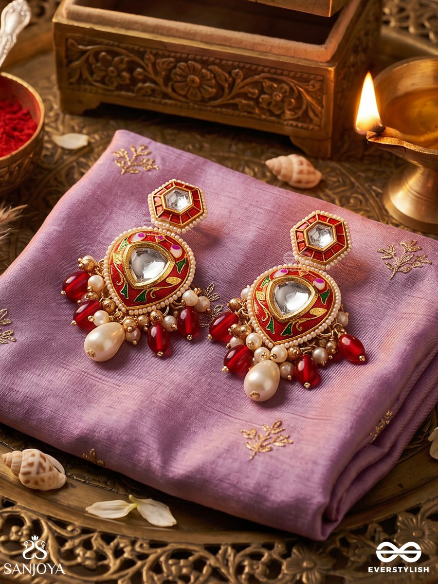 Jwlala - Flame-Like Beauty - Majestic Handcrafted Kundan Earrings With Ornate Red And Golden Details