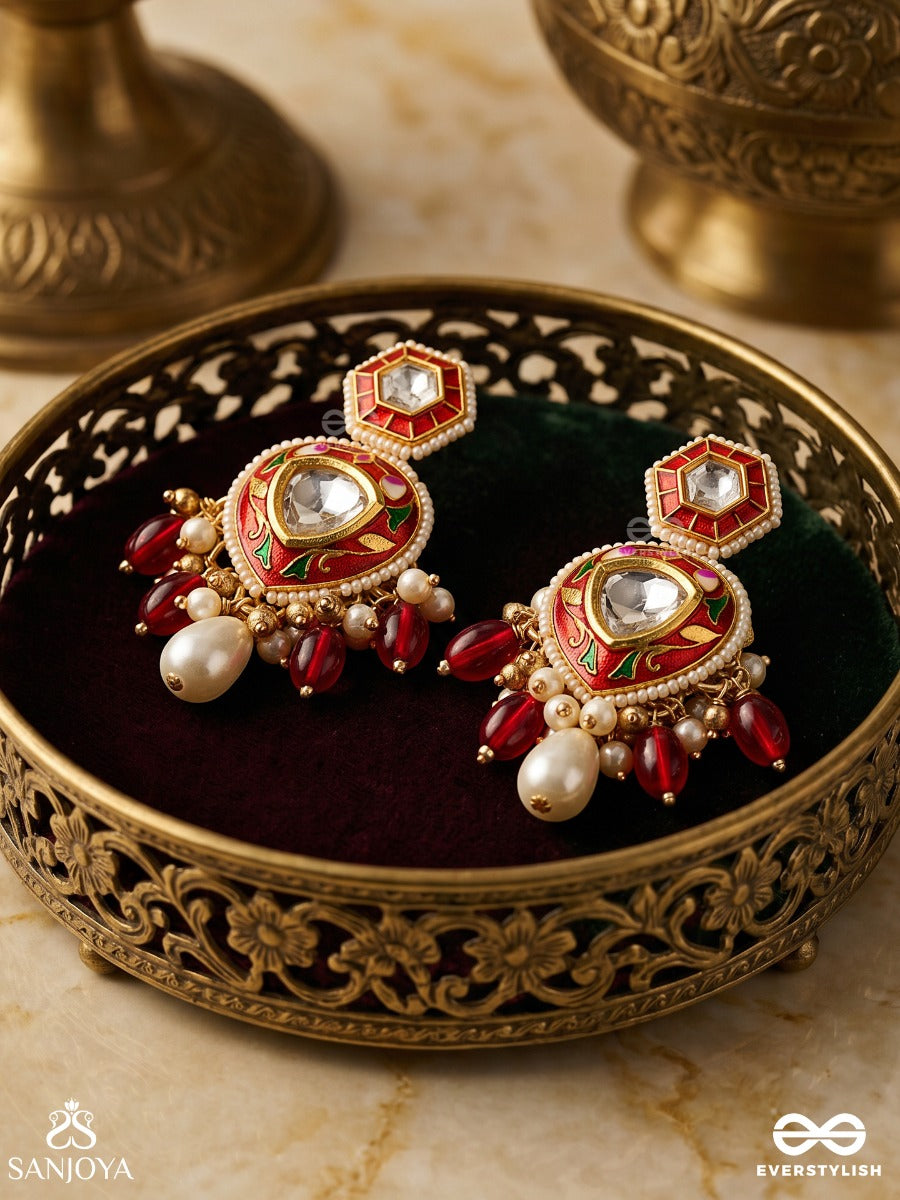 Jwlala - Flame-Like Beauty - Majestic Handcrafted Kundan Earrings With Ornate Red And Golden Details