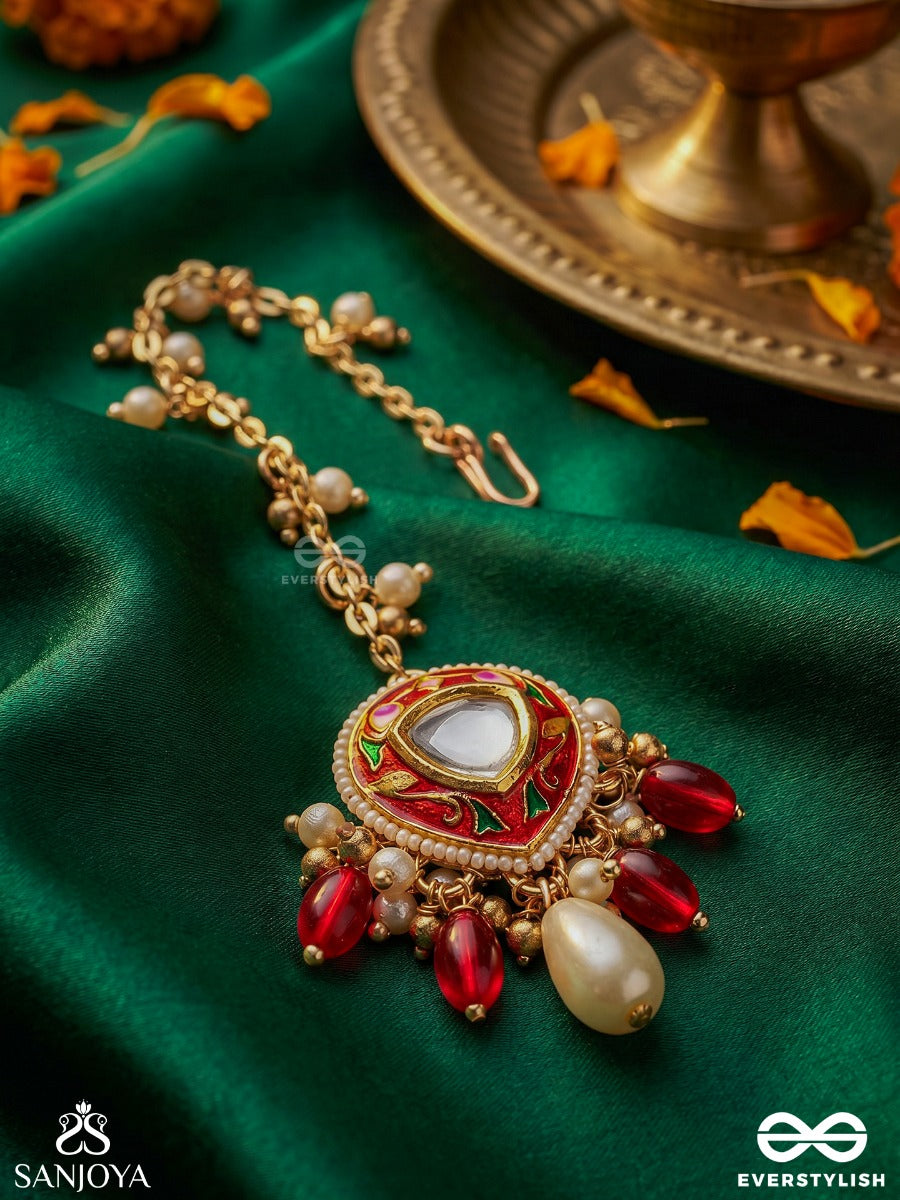 Jwlala - Flame-Like Beauty - Majestic Handcrafted Kundan Maangtika With Ornate Red And Golden Details