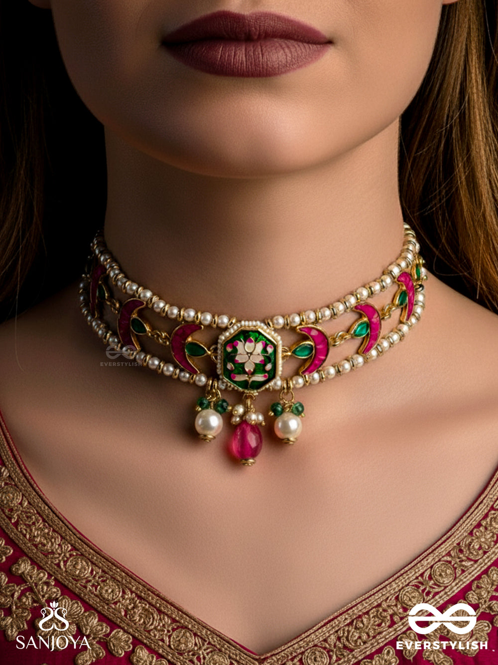 Indulekha - Moon's Beauty - Exquisite Crescent-Motif Kundan Choker With Enamel Details And Pearl Drops