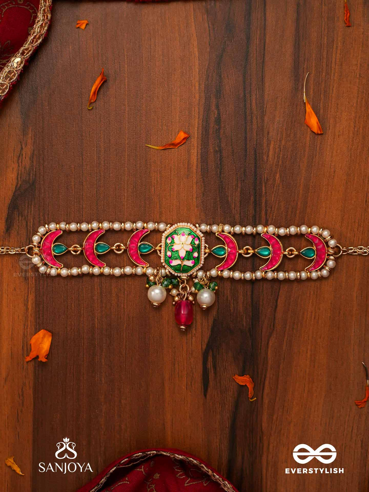 Indulekha - Moon's Beauty - Exquisite Crescent-Motif Kundan Choker With Enamel Details And Pearl Drops