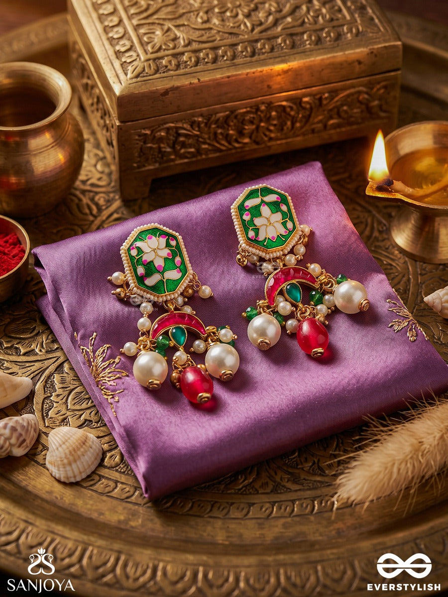 Indulekha - Moon's Beauty - Exquisite Crescent-Motif Kundan Earrings With Enamel Details And Pearl Drops