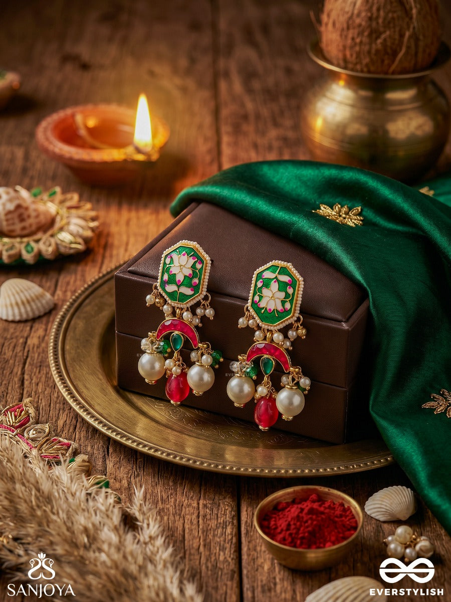 Indulekha - Moon's Beauty - Exquisite Crescent-Motif Kundan Earrings With Enamel Details And Pearl Drops
