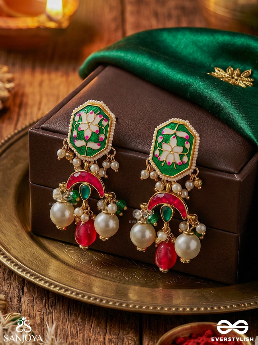 Indulekha - Moon's Beauty - Exquisite Crescent-Motif Kundan Earrings With Enamel Details And Pearl Drops