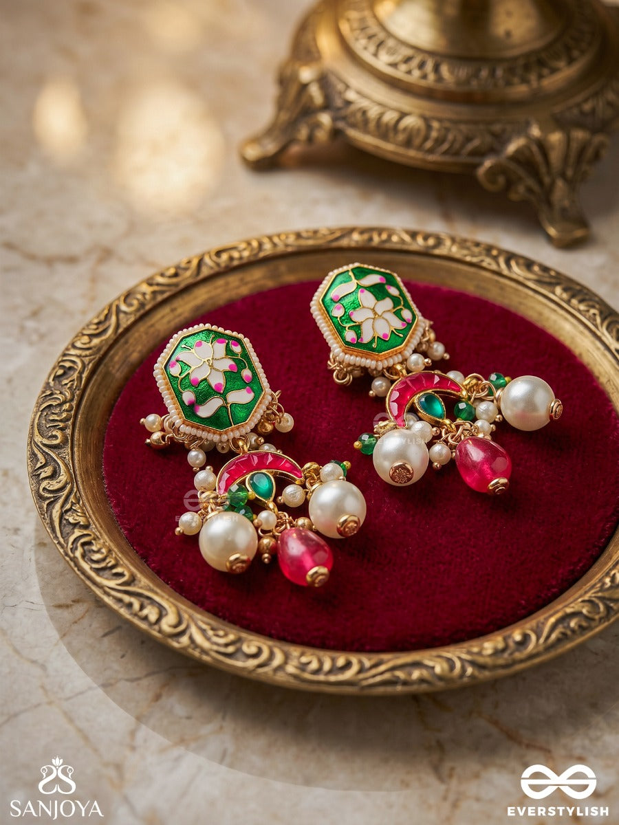 Indulekha - Moon's Beauty - Exquisite Crescent-Motif Kundan Earrings With Enamel Details And Pearl Drops
