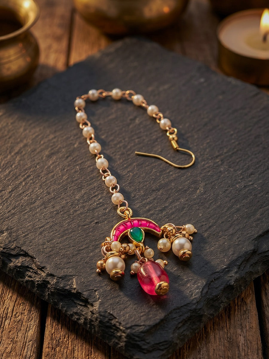 Indulekha - Moon's Beauty - Exquisite Crescent-Motif Kundan Maangtika With Enamel Details And Pearl Drops