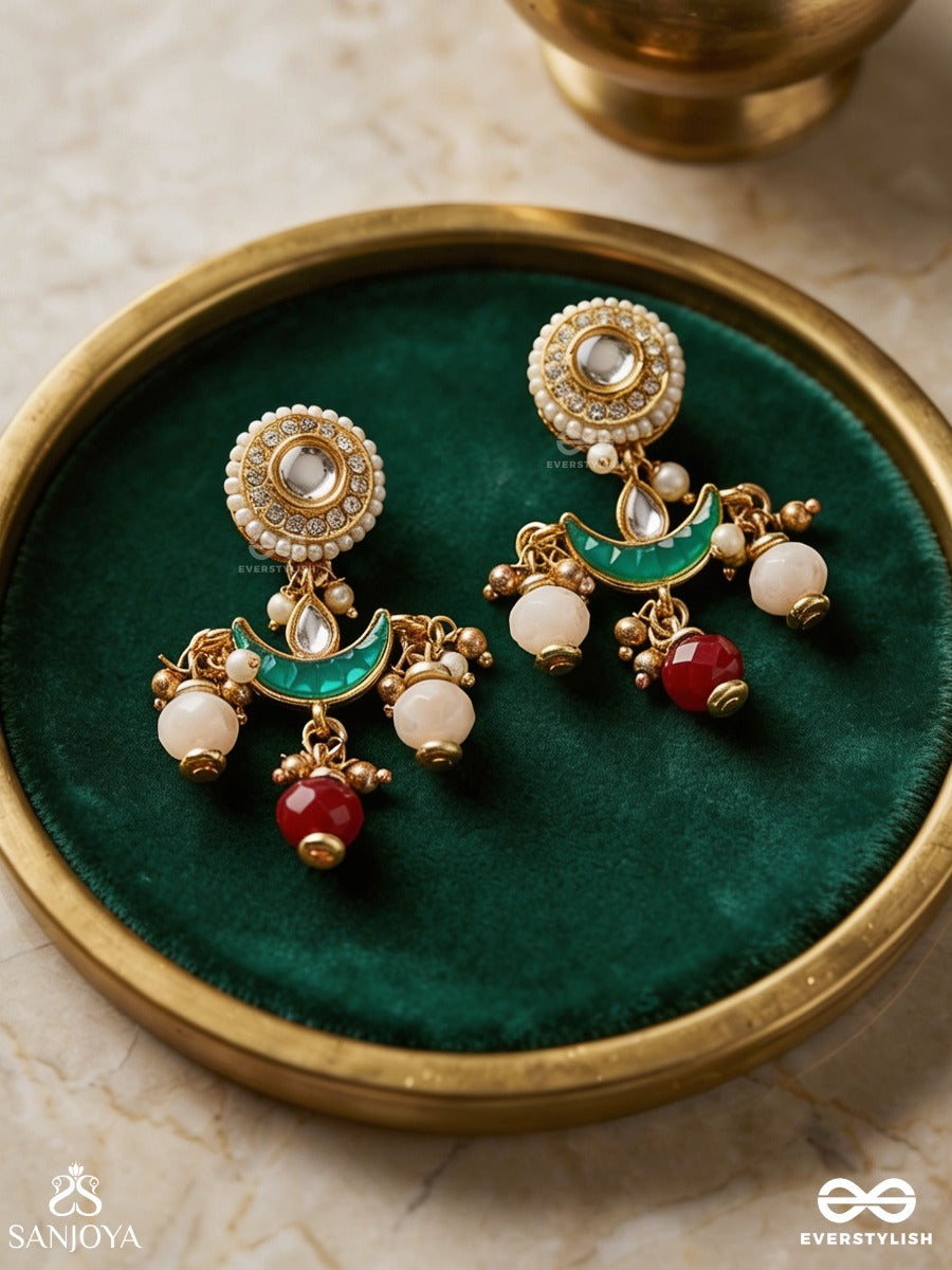 Induraga - Melody Of The Moon - Royal Kundan Earrings With Crescent Motifs And Ruby Drops
