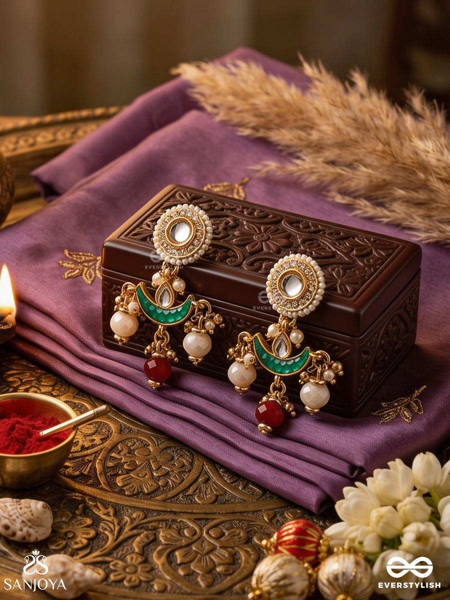 Induraga - Melody Of The Moon - Royal Kundan Earrings With Crescent Motifs And Ruby Drops