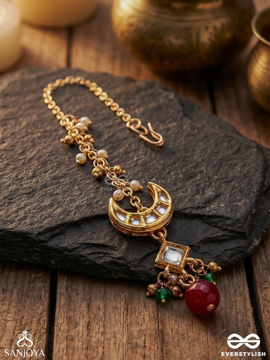 Induraga - Melody Of The Moon - Royal Kundan Maangtika With Crescent Motifs And Ruby Drops