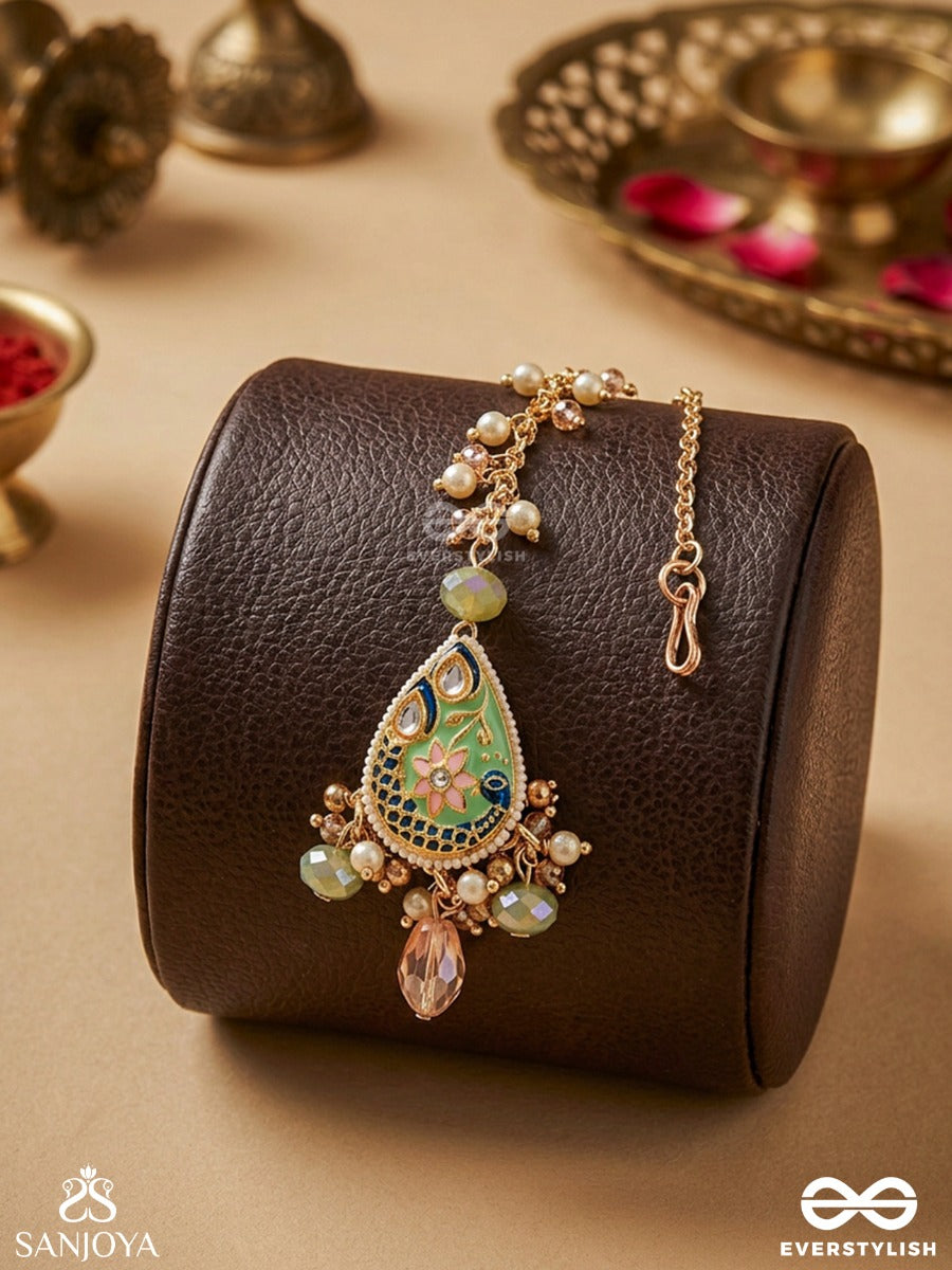 Madhurima - Sweet Elegance - Handcrafted Heritage Kundan Maangtika With Golden Polki And Gem Drops