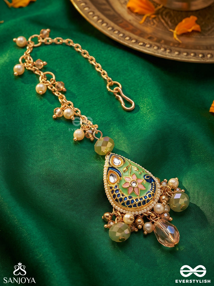Madhurima - Sweet Elegance - Handcrafted Heritage Kundan Maangtika With Golden Polki And Gem Drops