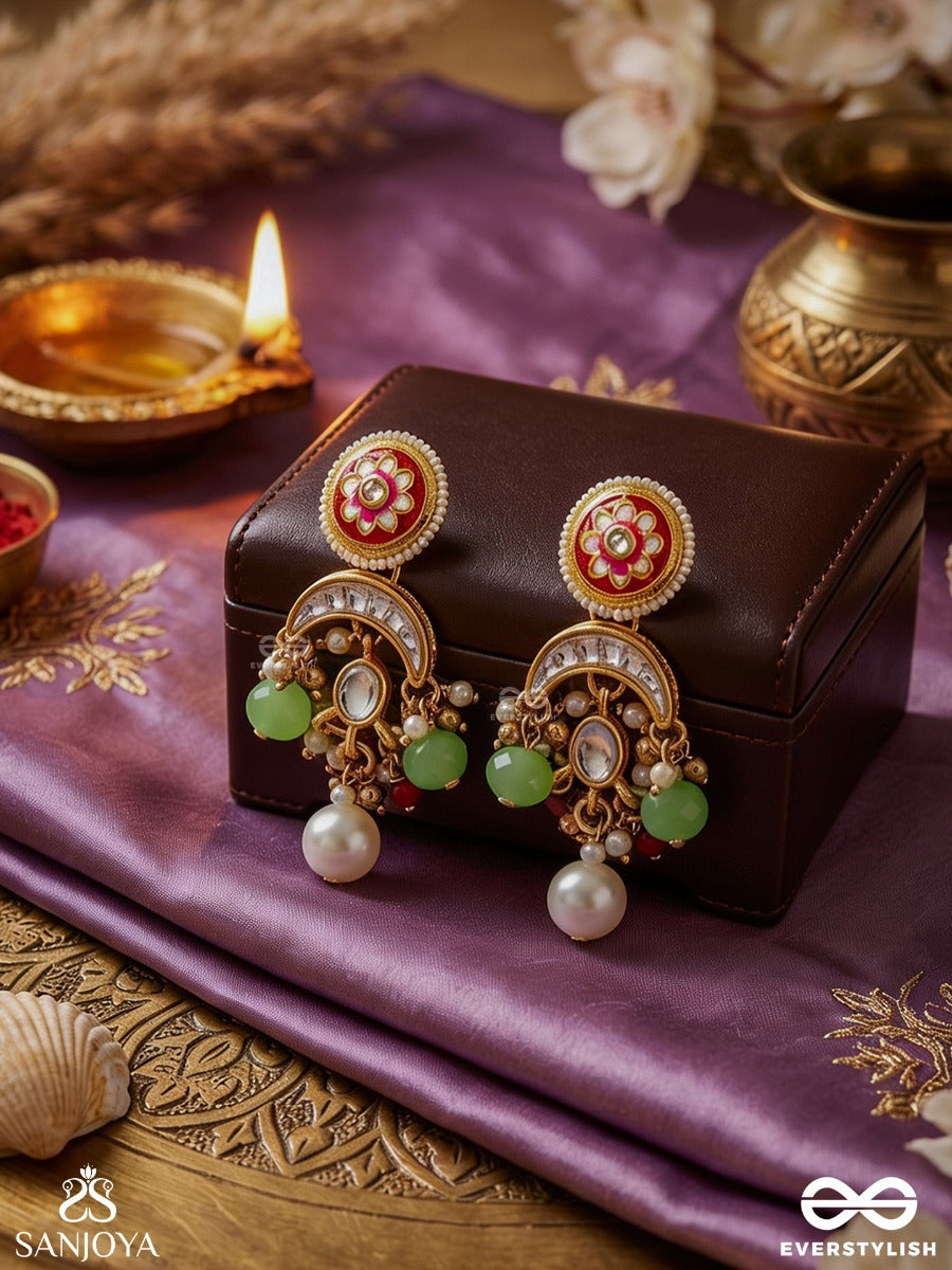 Suvarnachandra - Golden Moon - Royal Kundan Earrings With Ornate Crescent Designs And Gem Embellishments