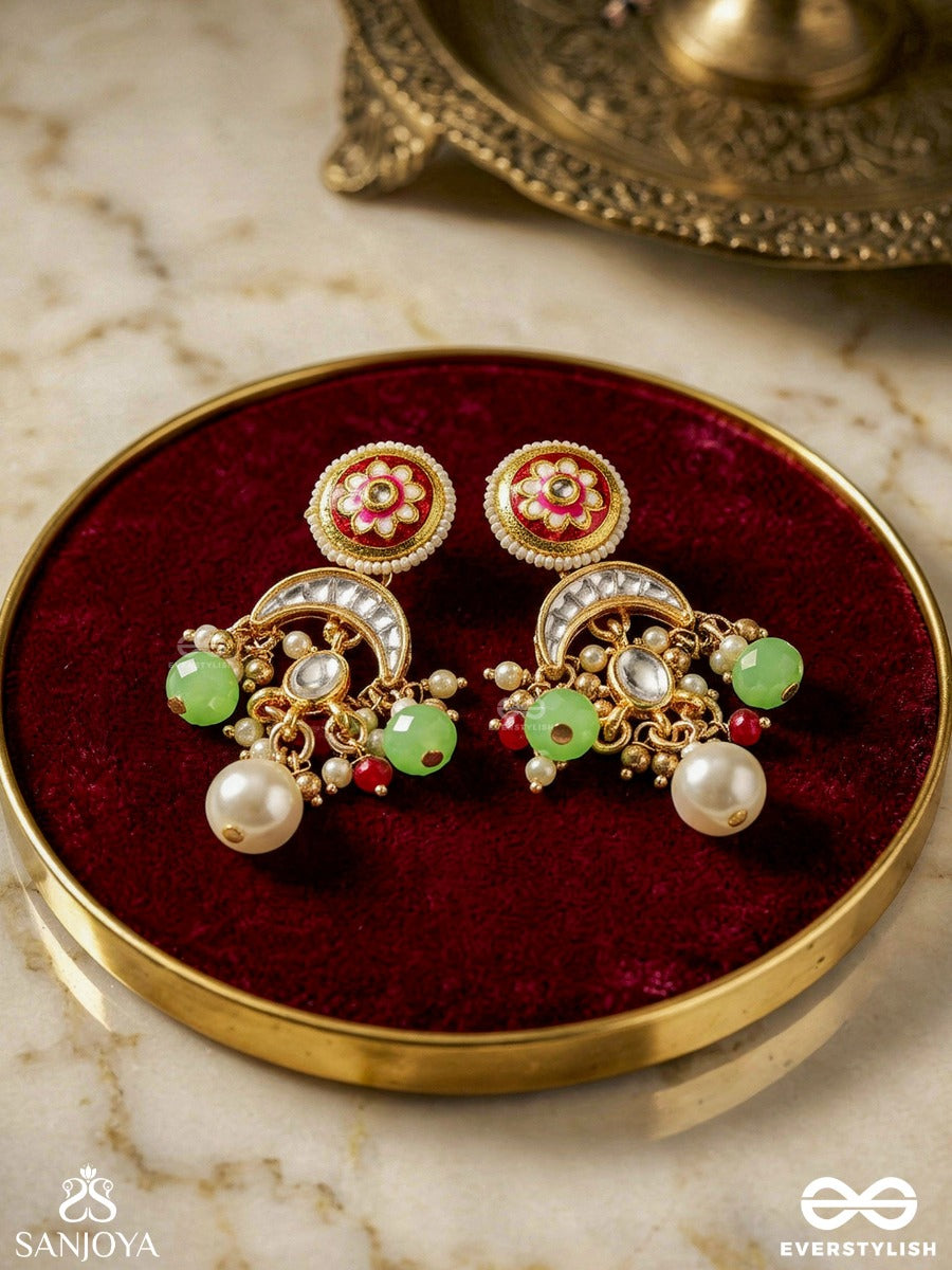 Suvarnachandra - Golden Moon - Royal Kundan Earrings With Ornate Crescent Designs And Gem Embellishments
