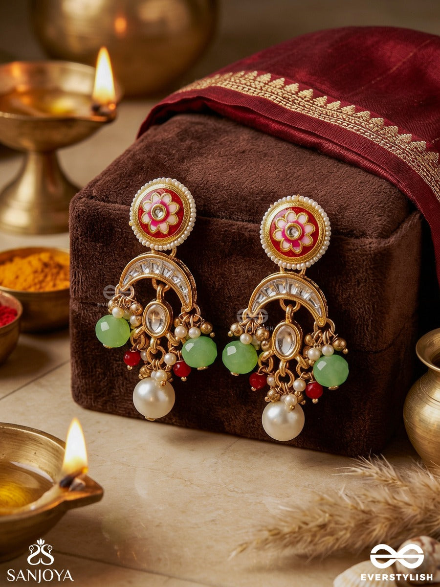 Suvarnachandra - Golden Moon - Royal Kundan Earrings With Ornate Crescent Designs And Gem Embellishments