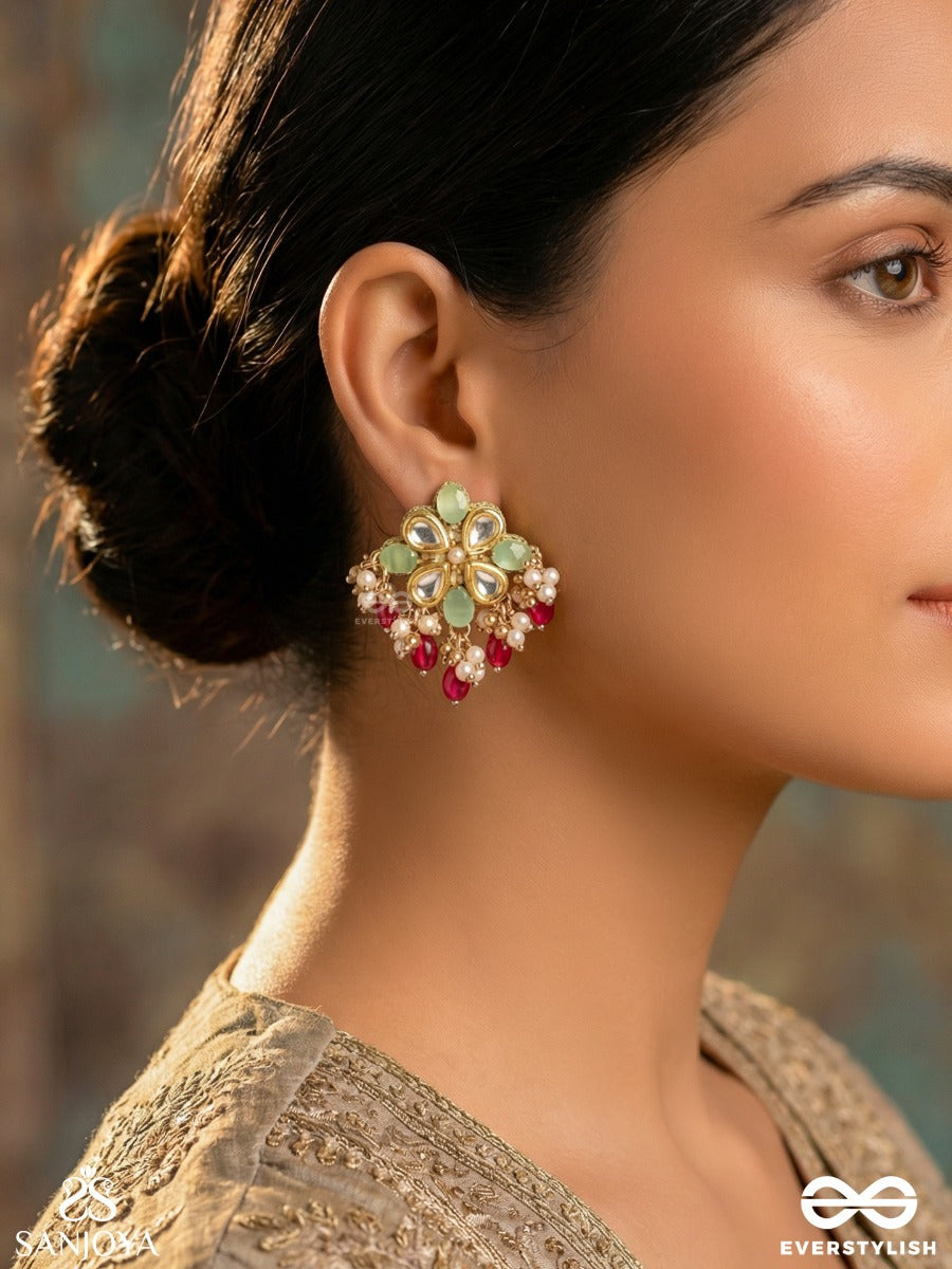 Manipushpa - Jewelled Flower - Elegant Earrings With Polki Petals And Pearl Accents
