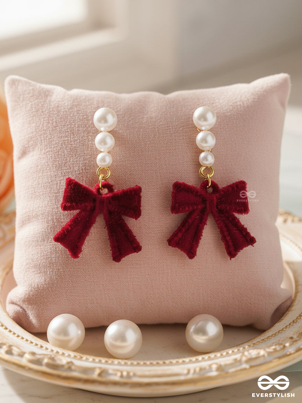Ruby Grace - Timeless Red Bow & Pearl Earrings