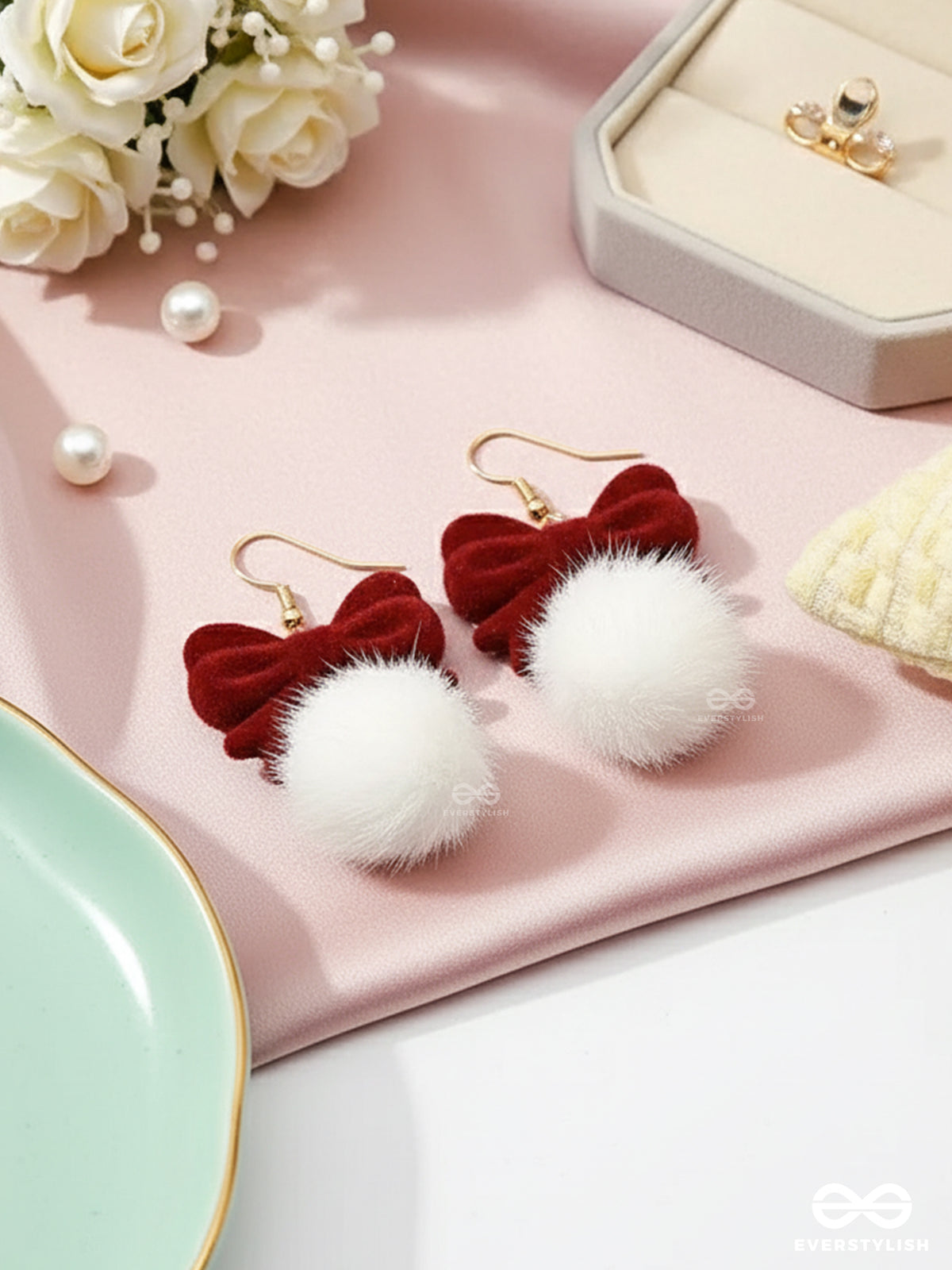 Velvet Fluff- Sweet Bow & Pom Statement Earrings