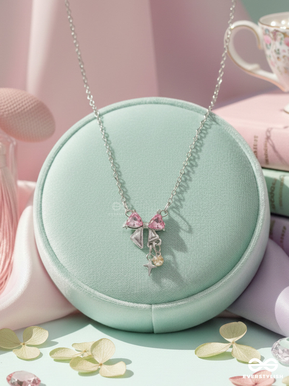 Stardust Heart- Minimalist Silver Neckpiece With Lovely Pink Charms