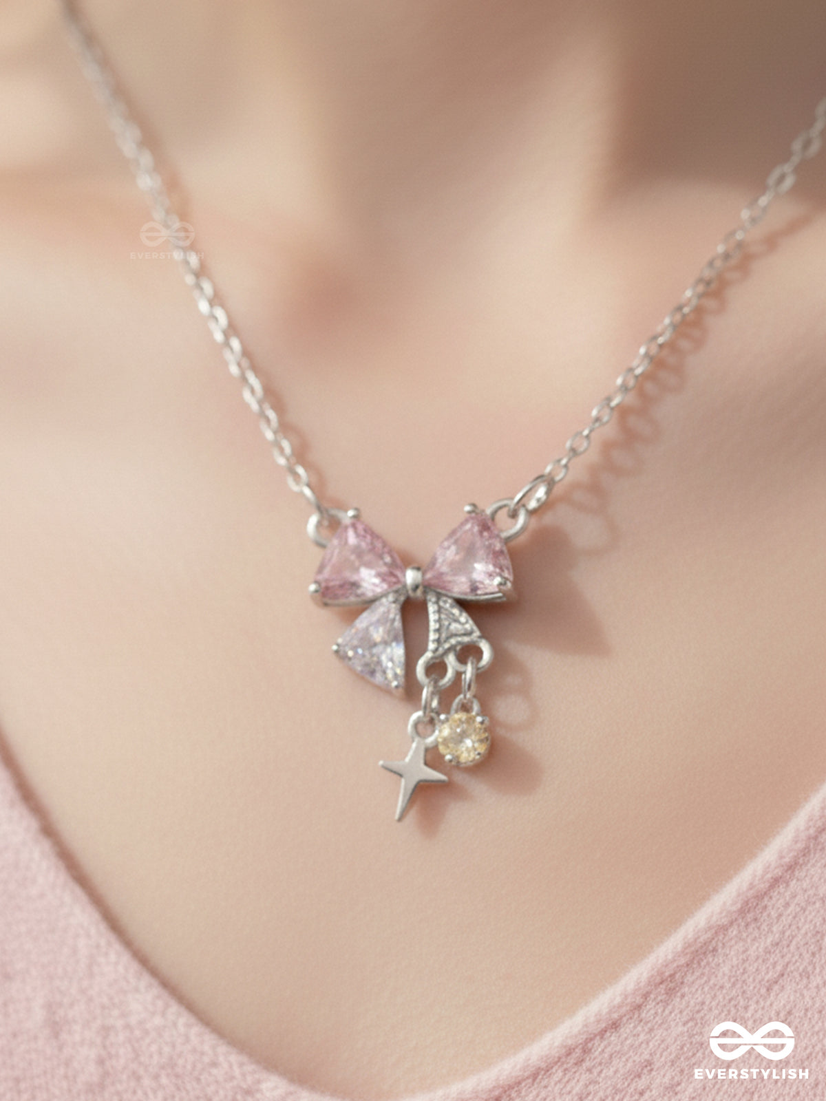 Stardust Heart- Minimalist Silver Neckpiece With Lovely Pink Charms