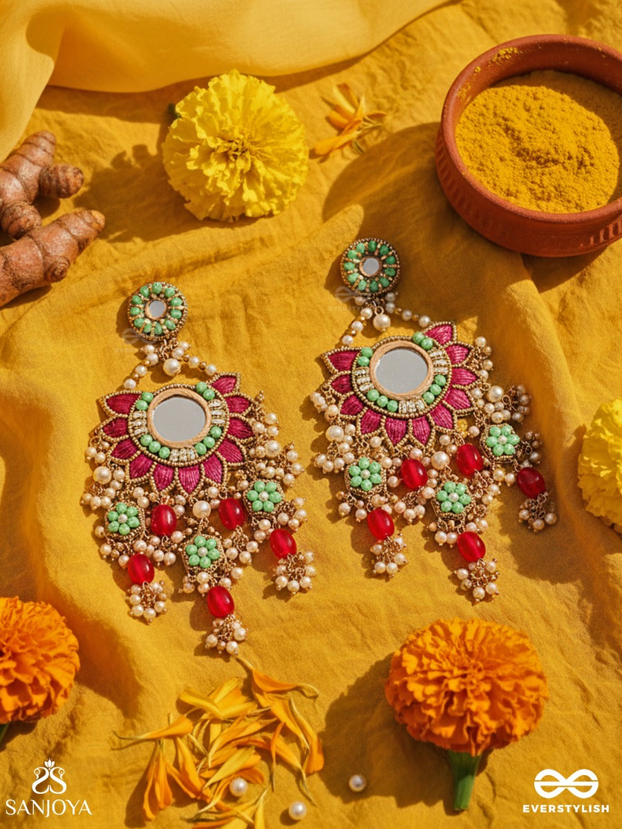 Rangkamini - Jewelled Blossom - Grand Floral Chandelier Earrings With Mirror Centre, Ruby Petal Motifs, Turquoise Accents And Gem Drop Cascade